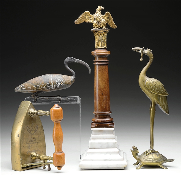 TWO METAL BIRDS, BRASS IRON, AND EAGLE GARNITURE.                                                                                                                                                       