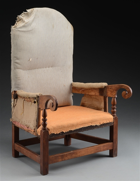 EARLY AMERICAN COUNTRY BIRCH WING CHAIR.                                                                                                                                                                