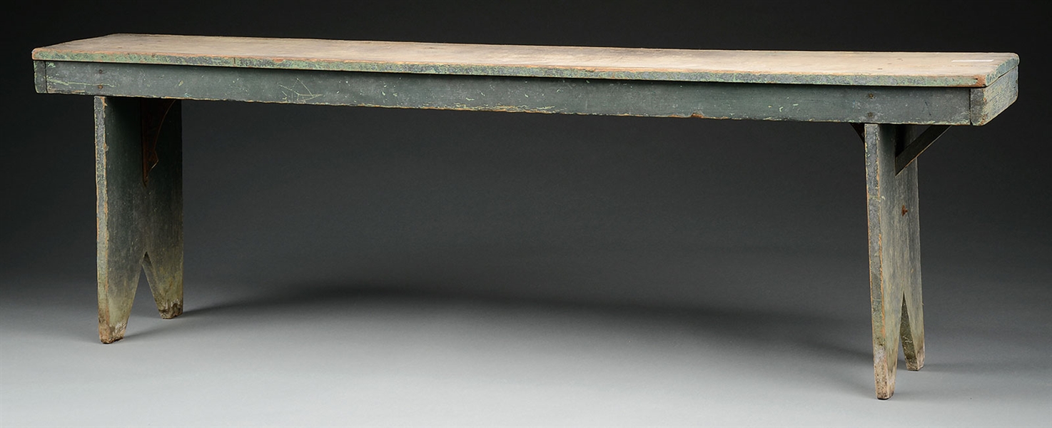 EARLY AMERICAN BENCH WITH BOOTJACK ENDS IN BLUE-GREEN PAINT.                                                                                                                                            