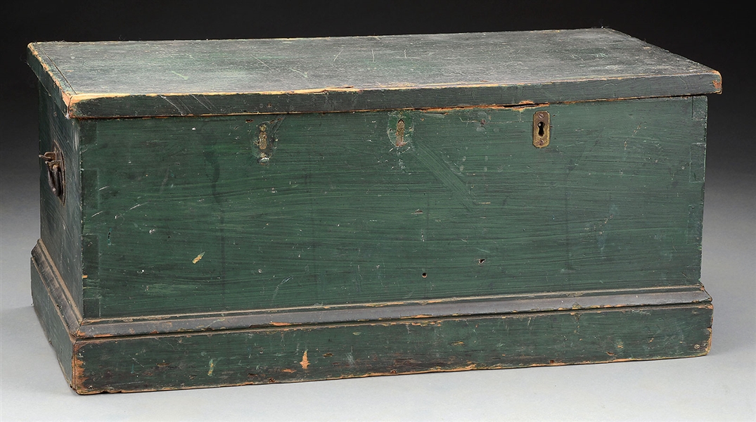 PINE STORAGE OR TOOL CHEST WITH DECORATED SCENE ON LID.                                                                                                                                                 