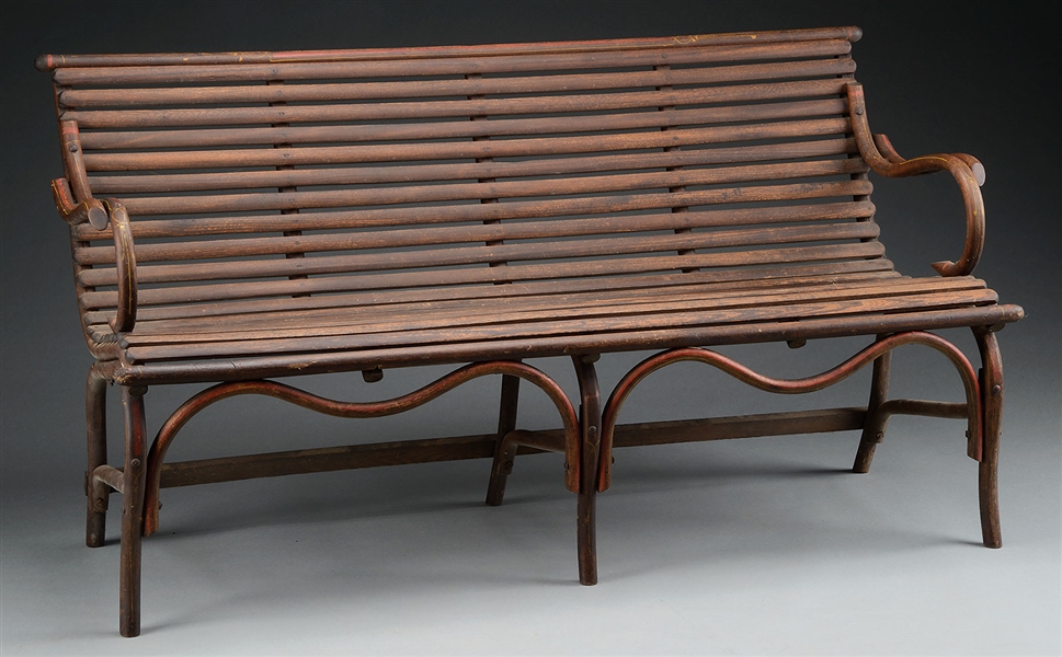 RARE PAINT DECORATED BENTWOOD BENCH WITH ARMS.                                                                                                                                                          