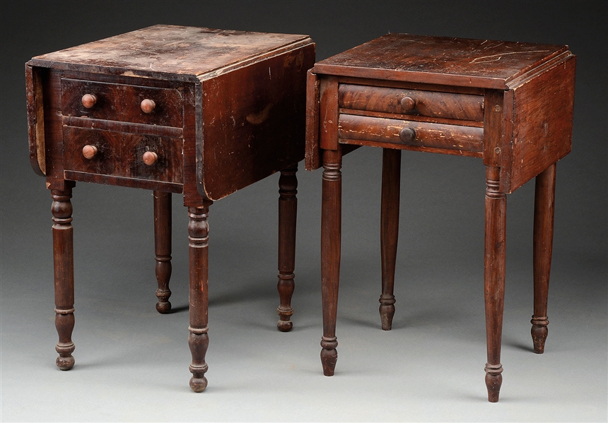 TWO SHERATON DROP-LEAF WORK TABLES.                                                                                                                                                                     