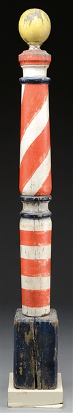 TALL CARVED AND PAINTED BARBER POLE.                                                                                                                                                                    