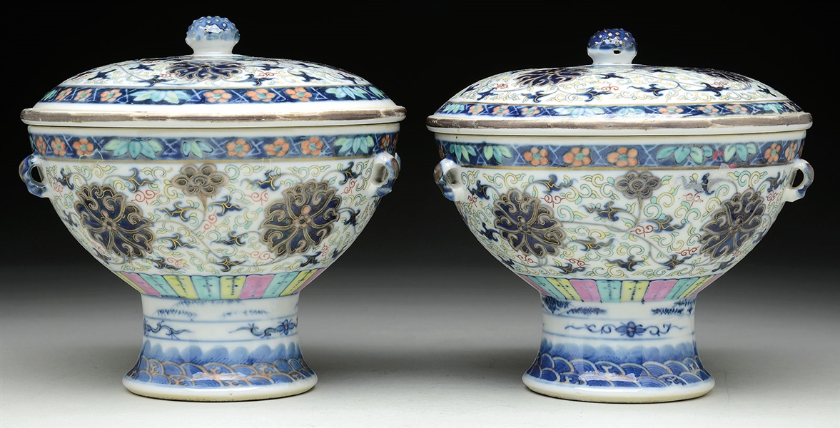 PAIR OF LARGE DOUCAI & GILT DECORATED COVERED BOWLS.                                                                                                                                                    