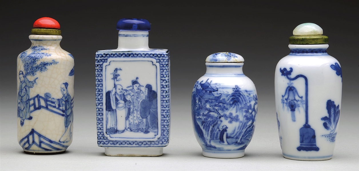 FOUR BLUE AND WHITE PORCELAIN SNUFF BOTTLES.                                                                                                                                                            