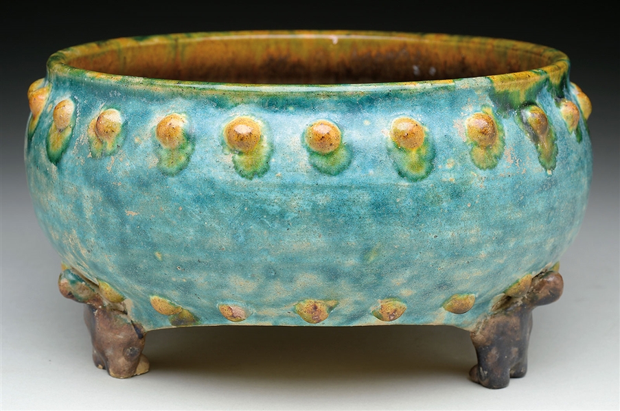 TURQUOISE GLAZED FOOTED BOWL.                                                                                                                                                                           