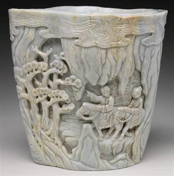 CUP-SHAPED BRUSH HOLDER WITH FIGURES IN LANDSCAPE.                                                                                                                                                      