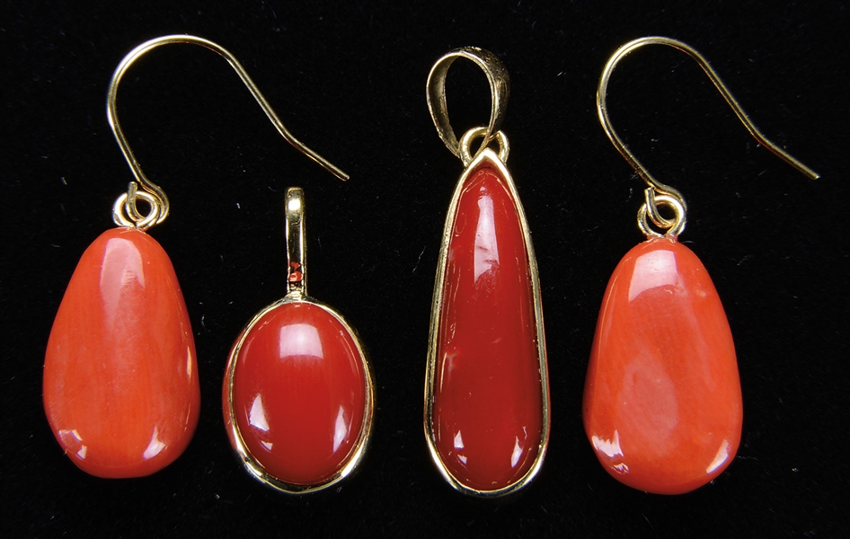 NATURAL AKA RED CORAL EARRINGS AND TWO PENDANTS WITH CERTIFICATES.                                                                                                                                      