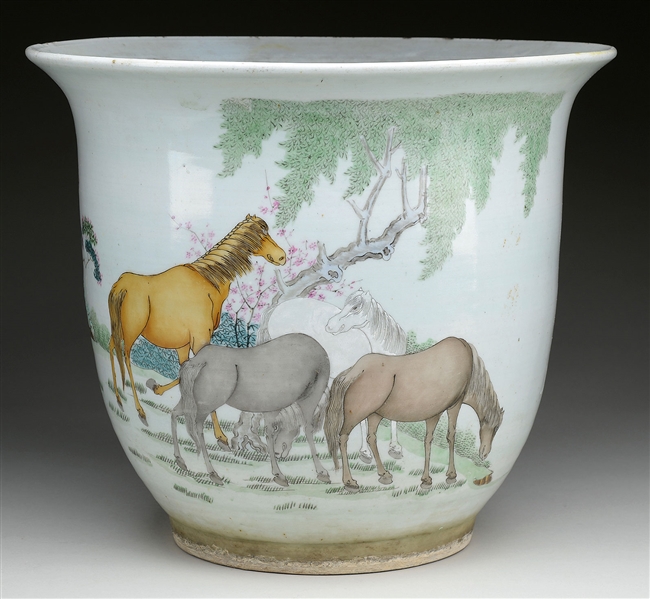 PORCELAIN PLANTER WITH HORSES.                                                                                                                                                                          