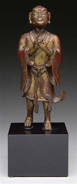 LACQUERED BRONZE STANDING FIGURE OF A MONKEY.                                                                                                                                                           