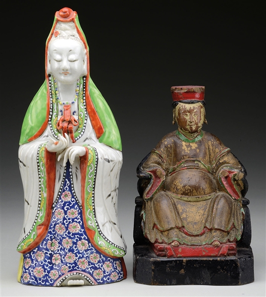 EXPORT FAMILLE ROSE FIGURE OF GUANYIN ALONG WITH ANOTHER FIGURE.                                                                                                                                        