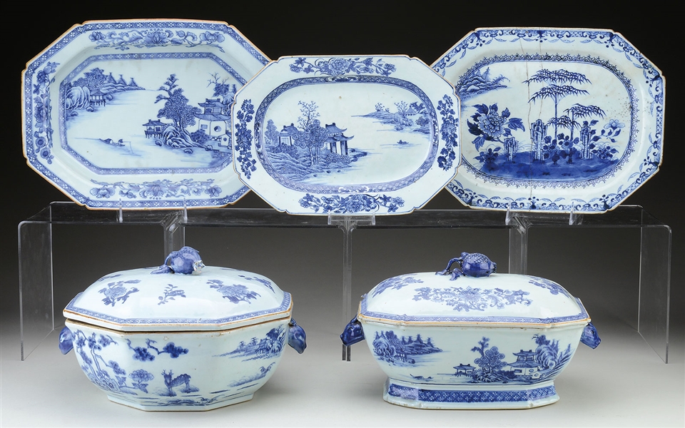 TWO EXPORT BLUE AND WHITE SOUP TUREENS ALONG WITH THREE BLUE AND WHITE PLATTERS.                                                                                                                        
