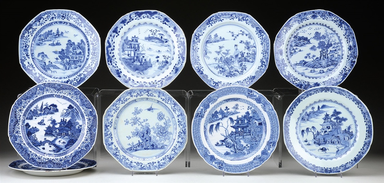 NINE EXPORT BLUE AND WHITE HEXAGONAL DISHES.                                                                                                                                                            