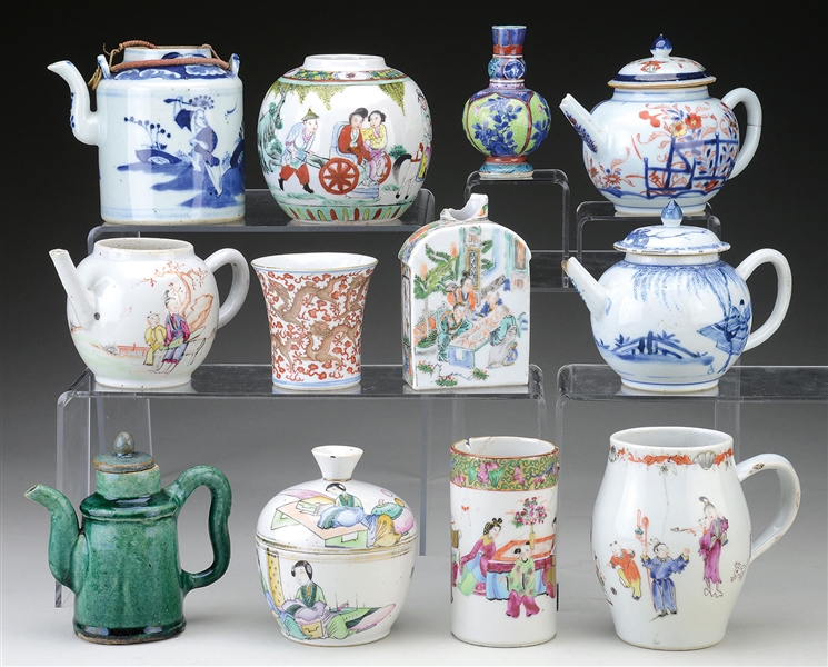 GROUP OF FIVE ASSORTED TEAPOTS ALONG WITH SEVEN PORCELAIN ITEMS.                                                                                                                                        