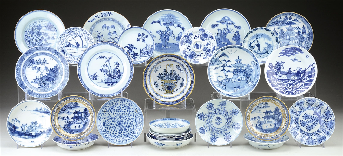 TWENTY EIGHT BLUE AND WHITE DISHES.                                                                                                                                                                     