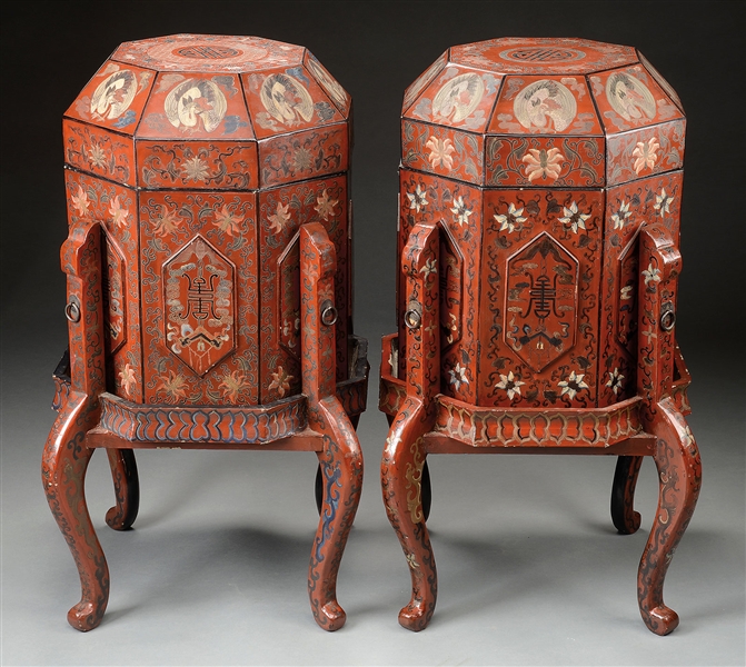 PAIR OF OCTAGONAL LONGEVITY BOXES ON STANDS.                                                                                                                                                            