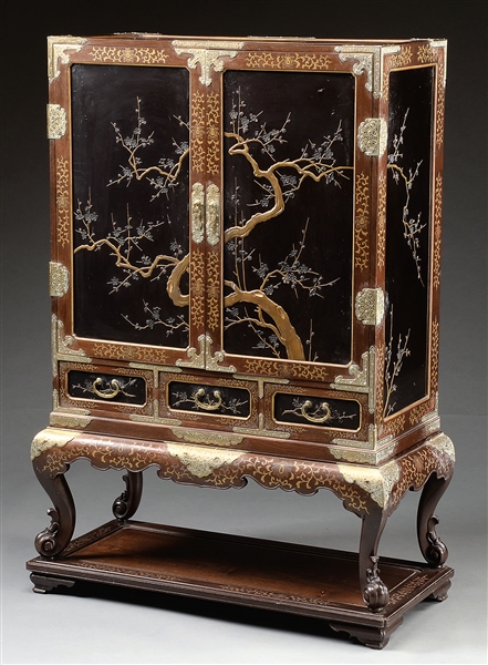 GILT LACQUERED CABINET AND STAND.                                                                                                                                                                       