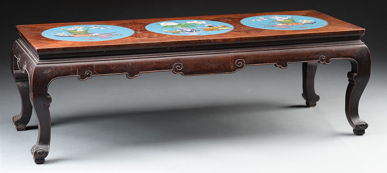 HUALI AND CLOISONNE ENAMEL INLAY COFFEE TABLE.                                                                                                                                                          