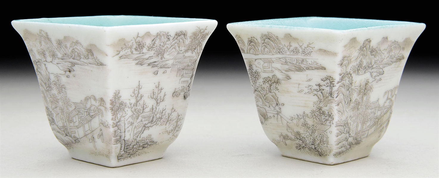 PAIR OF GRISAILLE PAINTED SQUARE CUPS.                                                                                                                                                                  