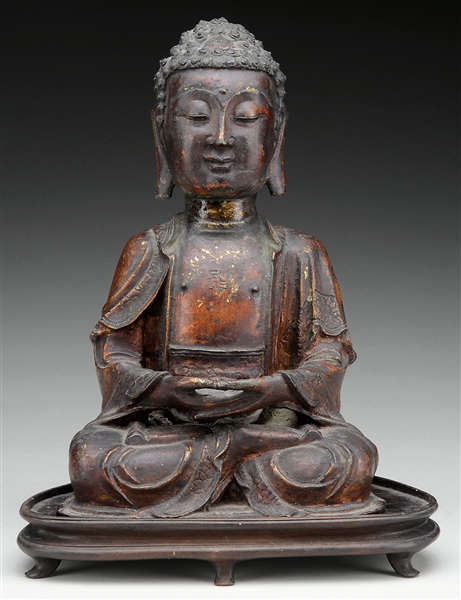 LACQUERED BRONZE SEATED FIGURE OF BUDDHA.                                                                                                                                                               