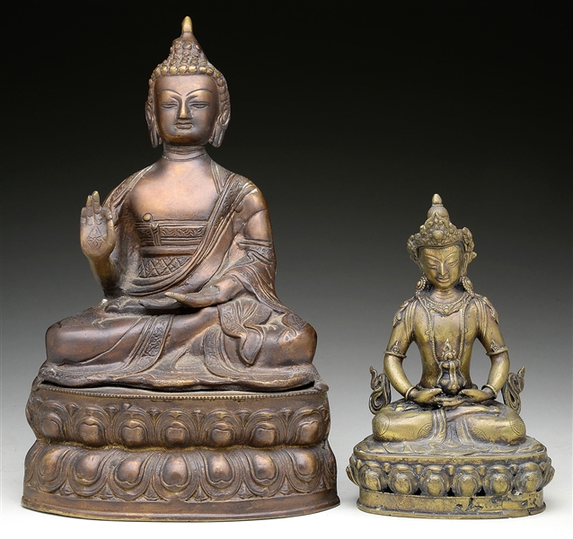 TWO BRONZE STATUES OF SEATED BODHISATTVA.                                                                                                                                                               