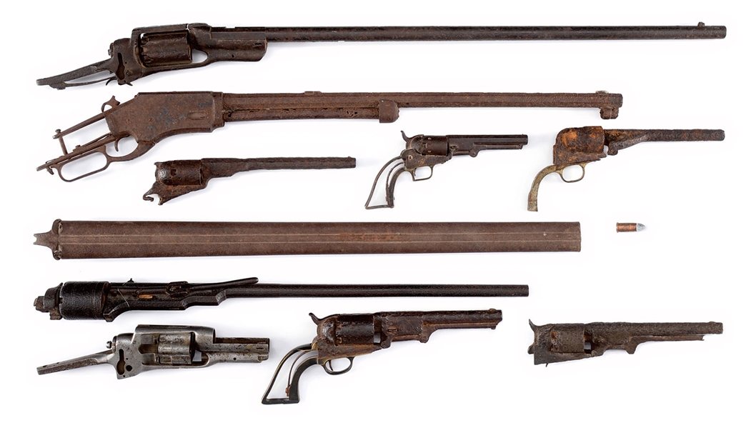 WONDERFUL COLLECTION OF TEXAS RELIC FIREARMS FOUND IN TEXAS AND ASSEMBLED OVER MANY YEARS BY BILL STEWART OF SONORA, TEXAS FEATURING A 9" FLAT CYLINDER NO. 5 TEXAS PATERSON REVOLVER.                  