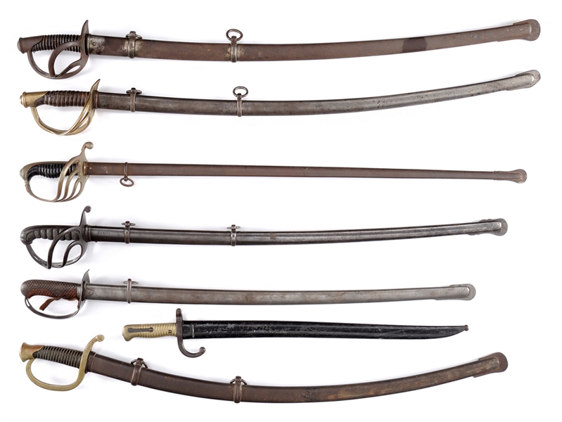 GROUP OF SEVEN 19TH CENTURY SWORDS WITH ORIGINAL SCABBARDS.                                                                                                                                             