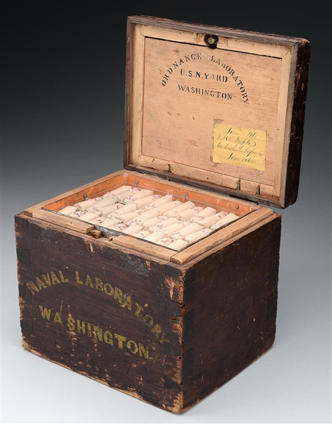 RARE & PROBABLY UNIQUE CIVIL WAR AMMUNITION BOX FROM U.S. NAVY YARD FOR HALL CARBINE WITH 36 CARTRIDGES DISPLAYED.                                                                                      