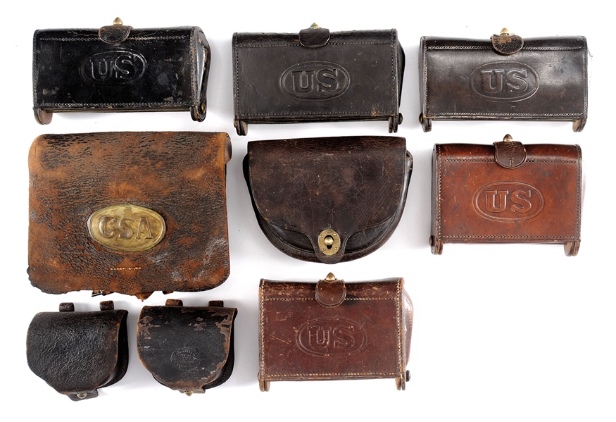 GROUP OF NINE CIVIL WAR AND INDIAN WAR CARTRIDGE POUCHES.                                                                                                                                               
