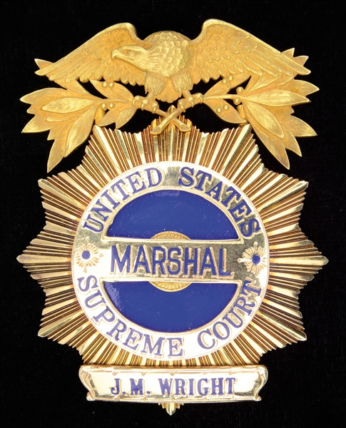 IMPRESSIVE U S MARSHAL OF THE SUPREME COURT SOLID GOLD AND ENAMEL PRESENTATION BADGE BY TIFFANY & CO. THIS BEAUTIFUL BADGE WEIGHING 81 GRAMS OF 18K GOLD IS 3-1/4" HIGH AND 2-1/4" WIDE WITH AN INSCRIPT