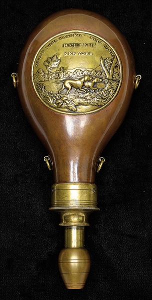 EXTRAORDINARILY RARE PATENT ARMS POWDER FLASK FOR THE 1839 PATERSON REVOLVING CARBINE.                                                                                                                  