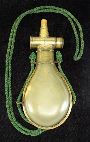 RARE PATENT ARMS MODEL 1839 HORN AND BRASS SHOTGUN FLASK.                                                                                                                                               