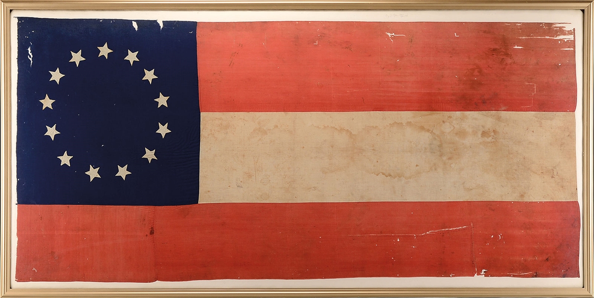 EXTRAORDINARY 13 STAR CONFEDERATE FIRST NATIONAL BATTLE FLAG OF JEFF THOMPSONS MISSOURI LEGION CAPTURED AT ISLAND NO. 10, NEAR NEW MADRID, MISSOURI APRIL 1862.                                       
