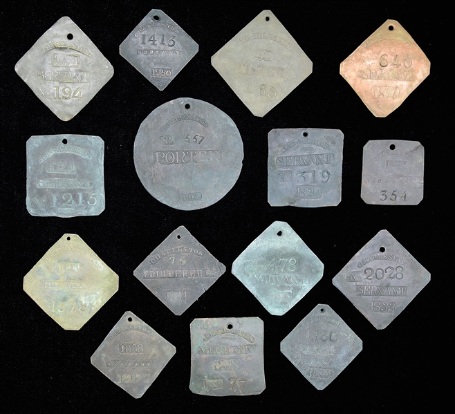 EXCEPTIONAL COLLECTION OF FIFTEEN CHARLESTON, SOUTH CAROLINA, "SLAVE HIRE" TAGS 1803-1850.                                                                                                              
