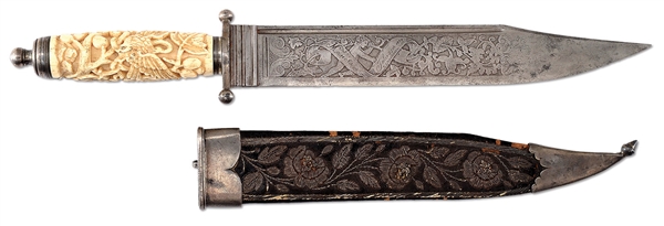UNIQUE SILVER MOUNTED PRESENTATION MEXICAN BOWIE KNIFE WITH FULL RELIEF CARVED GRIP AND SILVER BULLION SCABBARD.                                                                                        