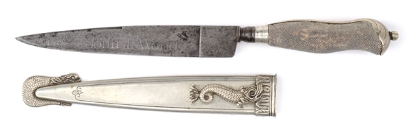 FINE NINETEENTH CENTURY NAVAL DIRK INSCRIBED TO CONFEDERATE NAVAL OFFICER JOHN T. WOOD ON THE C.S.S. VIRGINIA.                                                                                          