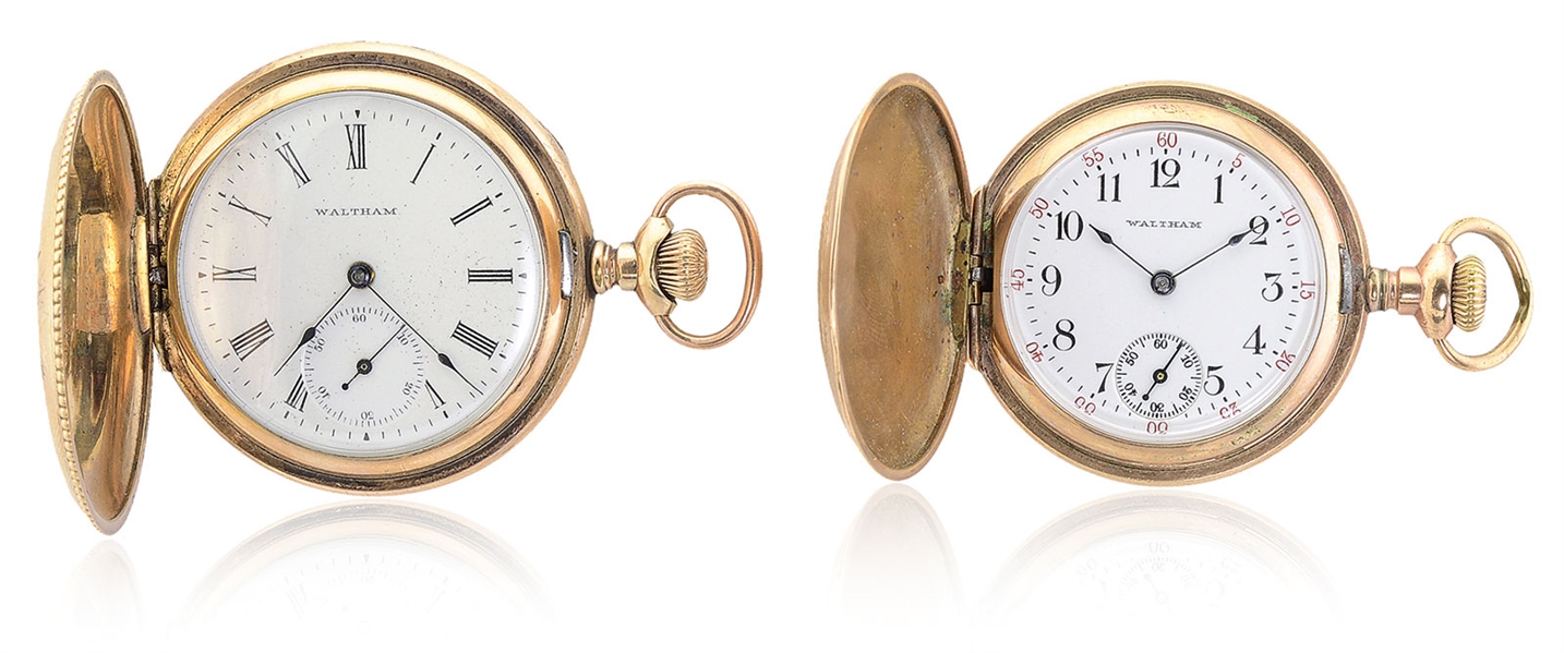 TWO WALTHAM 10KT GOLD POCKET WATCHES.                                                                                                                                                                   