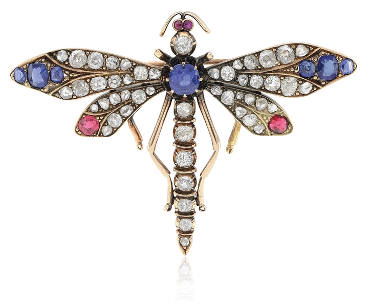 ANTIQUE SAPPHIRE, RUBY & DIAMOND DRAGONFLY BROOCH.                                                                                                                                                      