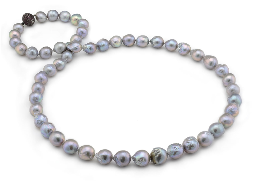 BAROQUE PEARL NECKLACE WITH RUBY & DIAMOND CLASP.                                                                                                                                                       