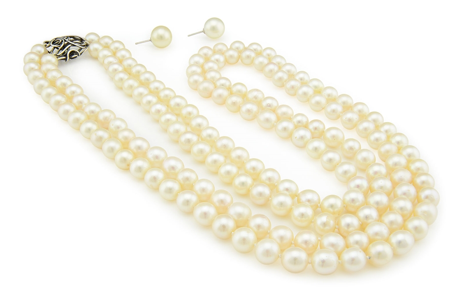 CULTURED PEARL NECKLACE & EARRINGS.                                                                                                                                                                     