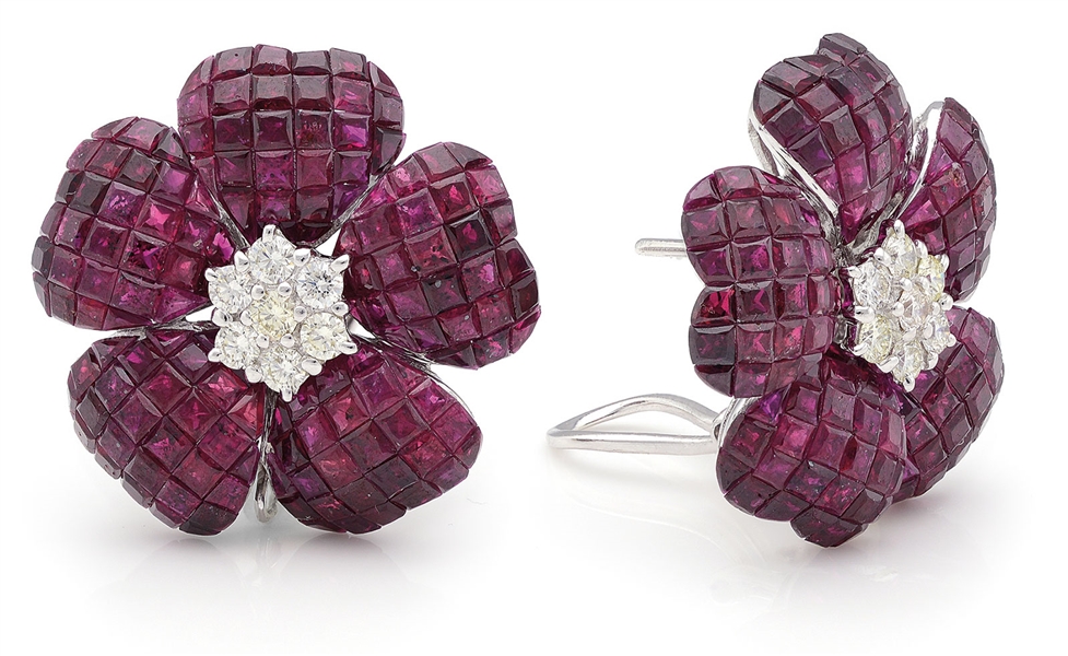 18KT INVISIBLY SET RUBY & DIAMOND EARRINGS.                                                                                                                                                             