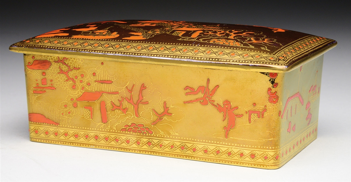 WEDGWOOD FAIRYLAND LUSTRE WILLOW CORAL & BRONZE COVERED BOX.                                                                                                                                            