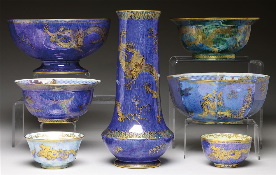 SEVEN PIECES OF WEDGWOOD DRAGON LUSTRE.                                                                                                                                                                 