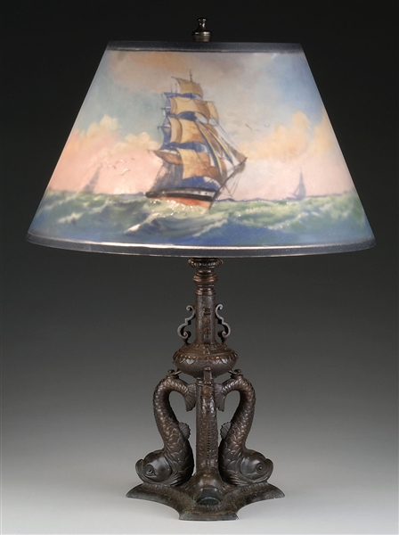 PAIRPOINT REVERSE PAINTED NAUTICAL TABLE LAMP.                                                                                                                                                          