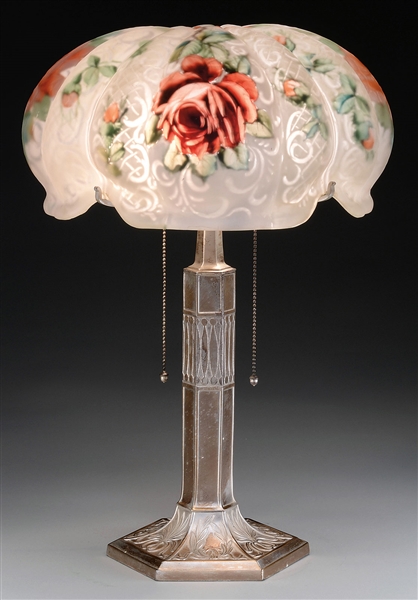 PAIRPOINT REVERSE PAINTED ROSE LAMP.                                                                                                                                                                    