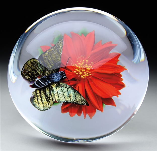 RICK AYOTTE MAGNUM RED DAHLIA WITH BUTTERFLY PAPERWEIGHT.                                                                                                                                               