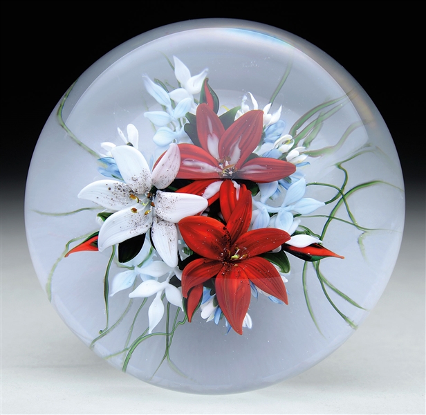 RICK AYOTTE RED & WHITE LILY PAPERWEIGHT.                                                                                                                                                               
