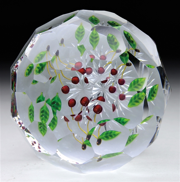 DELMO TARSITANO HONEYCOMB FACETED CHERRY PAPERWEIGHT.                                                                                                                                                   