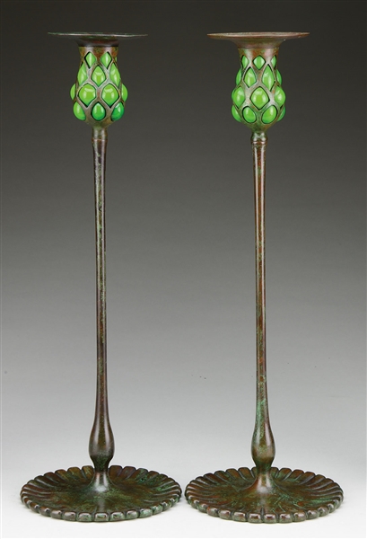 PAIR OF TIFFANY STUDIOS RETICULATED CANDLESTICKS.                                                                                                                                                       