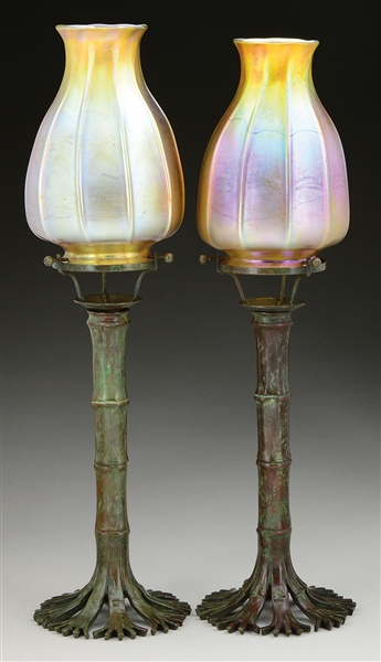 PAIR OF TIFFANY STUDIOS BAMBOO CANDLE LAMPS.                                                                                                                                                            